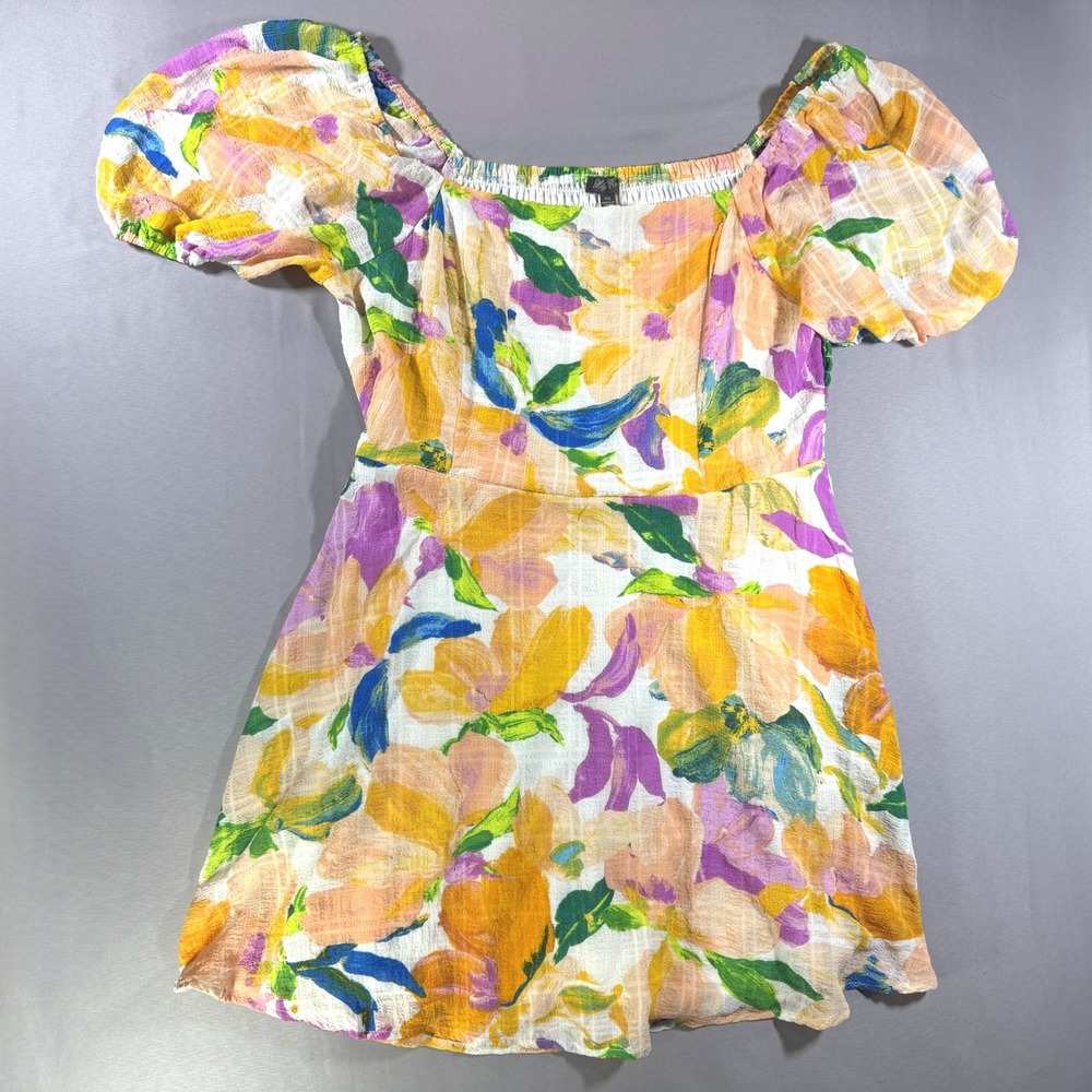 Lily Rose Womens XXL Floral Puff Sleeve Mini Dress Smocked Back Multicolor Boho